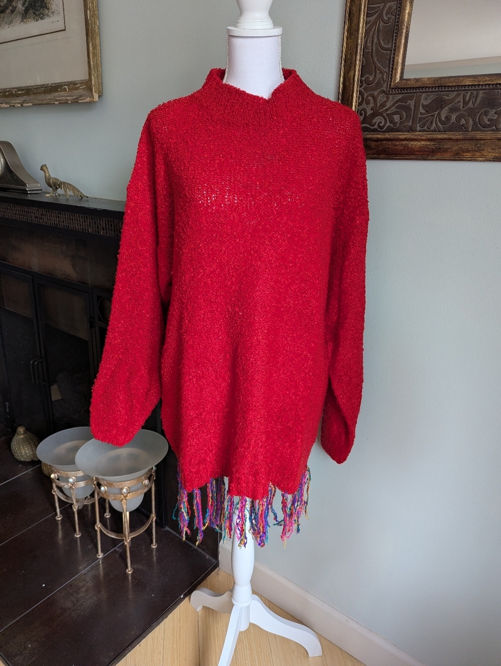 Vintage 90s Rainbow Fringe Red Sweater Women's 1X Relaxed Fit Mock Neck